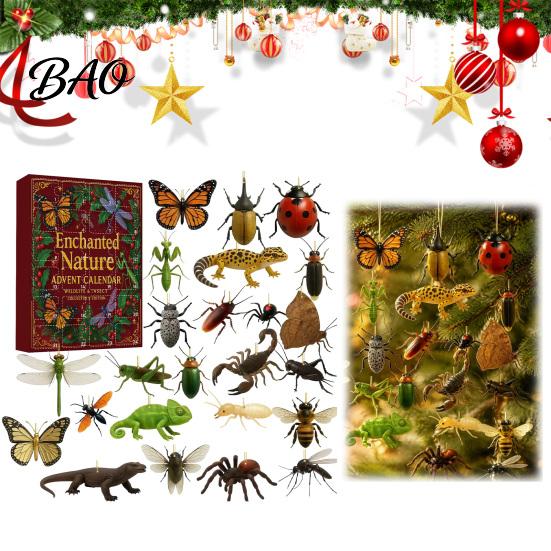 Unique Unboxing Experience 24-Day Christmas Countdown Calendar Box with 24 Insect And Reptile Acrylic Ornaments, 2D Creative Holiday Gifts Flat Animal
