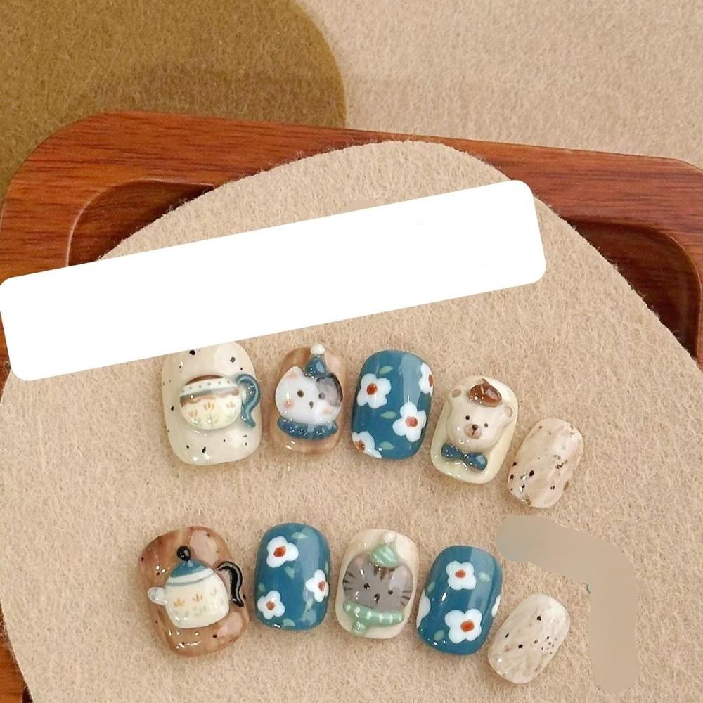 Cartoon Rilakkuma Short Square Round Handmande False Nails Cute Animal Bear Cat Dog Strawberry Bow Press On Nails Christmas Gift