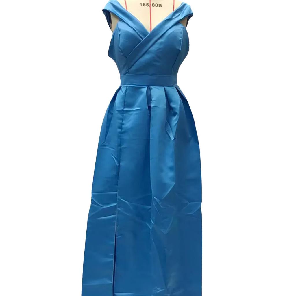 Women's Dress Deep V - Neck, Satin, Multi Color, High Slit Evening Gown Long Gown with Off Shoulder Design and High Slit Skirt