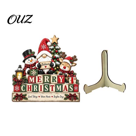 Christmas Gift for Family 2D Wooden Castle Tabletop Ornament, Santa Scene Bookshelf Decoration Winter Theme Room Decorations with Stand, Festive