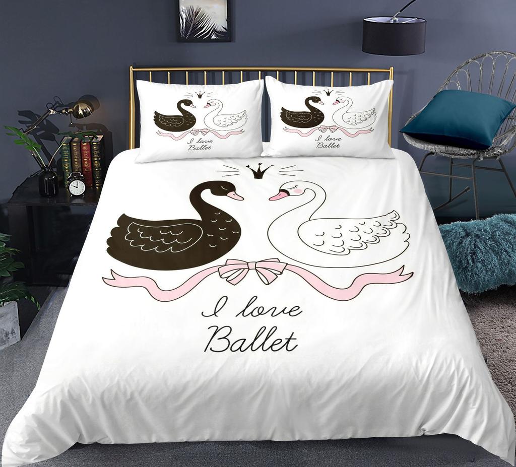 Swan Duvet Cover Set Rose Crown Comforter Cover Polyester Bedding Set Sweet Girl Romantic Quilt Cover Pink Red King Twin Size