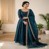 Embroidered Neck Silk Flared Anarkali Suit Set with Zari Dupatta