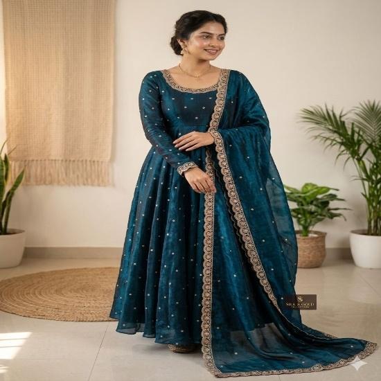Embroidered Neck Silk Flared Anarkali Suit Set with Zari Dupatta