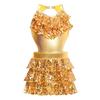 Girls Tiered Ruffle Sequins Dance Dress V Neck Sleeveless Cutout Metallic Design Stage Performance Gown
