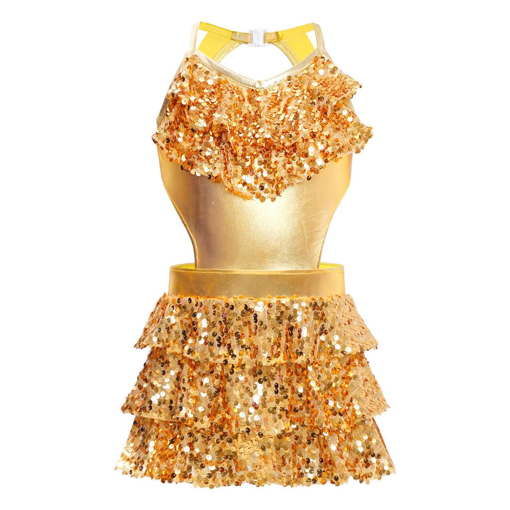 Girls Tiered Ruffle Sequins Dance Dress V Neck Sleeveless Cutout Metallic Design Stage Performance Gown