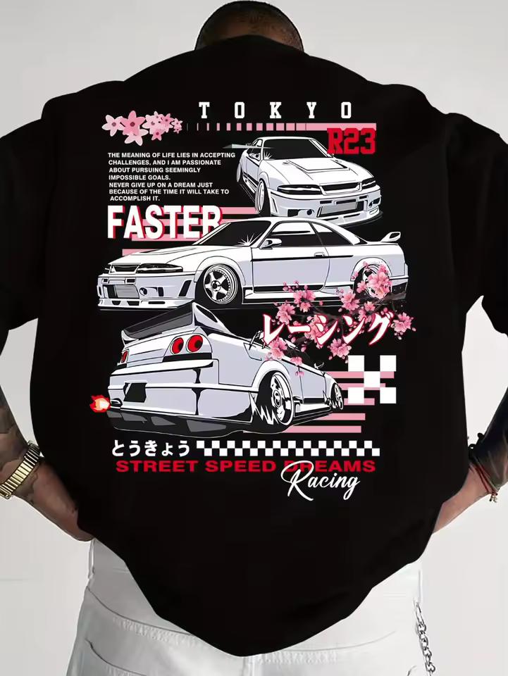 Men's Japanese Street Style Racing Print T-and kids tshirt Cherry Blossom and JDM Car Design Tokyo Speed Team Lettering Quick-dry Tee