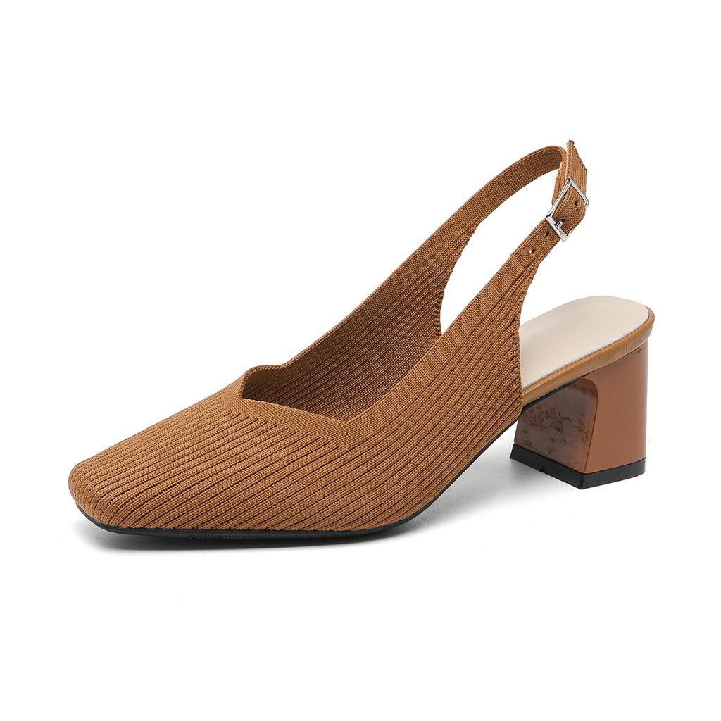 Туфли с открытой пяткой для женщин с квадратным носком, удобные трикотажные туфли для работы, прогулок, офиса, туфли-лодочки на толстом каблуке, женские нескользящие туфли на низком каблуке для свадьбы, нарядные туфли