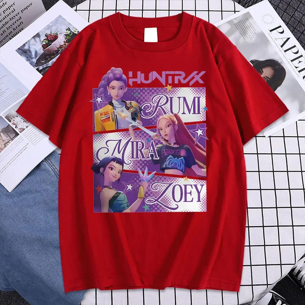 Модная K-pop футболка Охотники на демонов Huntrix Girl Rumi Zoey Mira Графическая футболка Мужская Женская 100% Хлопок Корейская уличная одежда Топ