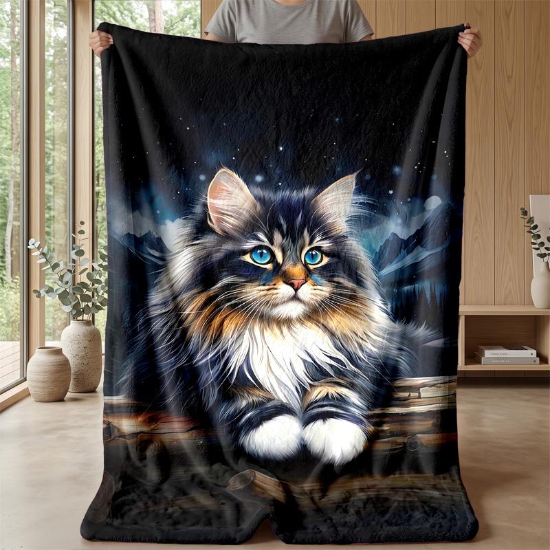 Furry Cat Night Scene Theme blanket Lightweight Warm Flannel Blanket Decorative Throw Blanket for Home Decoration