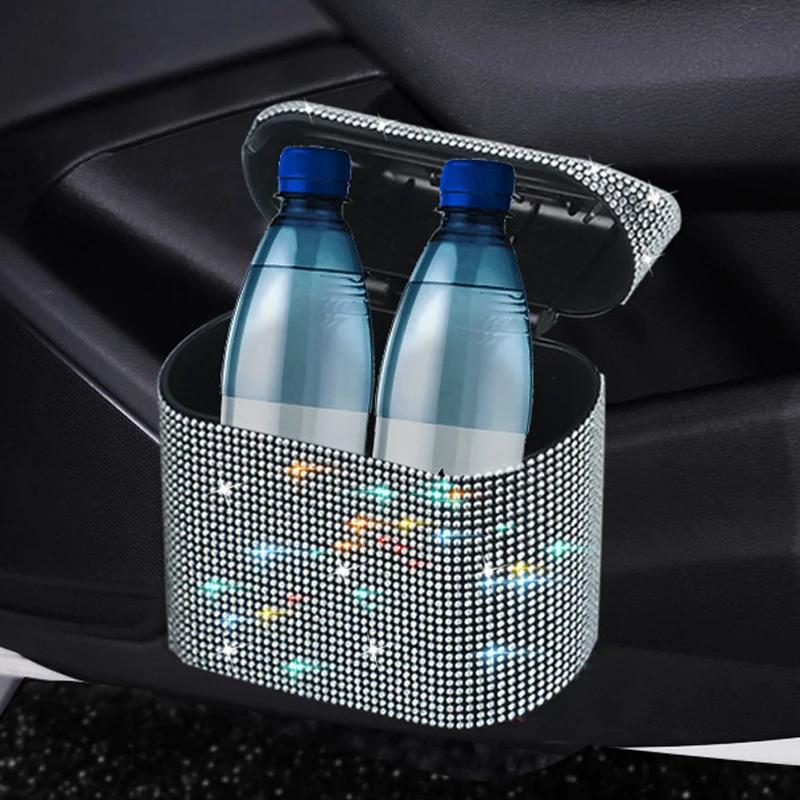 Роскошное мусорное ведро для автомобиля со стразами, подвесное, для мусора, пыли, ящик для хранения, мусорное ведро нажимного типа, аксессуары для интерьера автомобиля