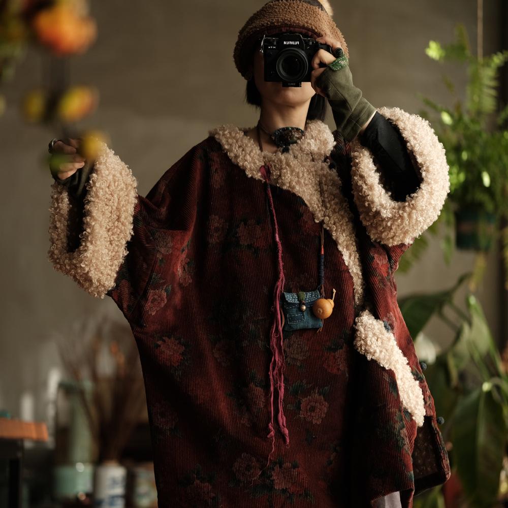 Johnature Женские вельветовые принты с цветочным принтом, зимние пальто, теплые лоскутные женские свободные пуловеры