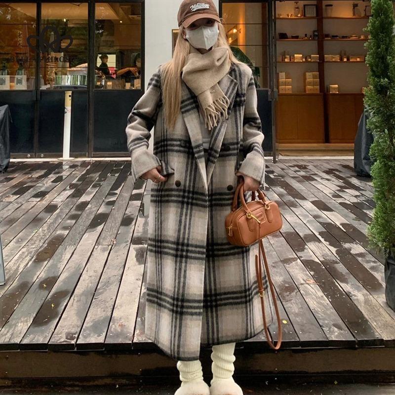 Plaid Cashmere Woolen Coat Korean Style Gentle Woolen Coat Women's Mid-length Autumn Winter New Woolen Coat