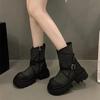 Fashion 2025 Fashion Denim Leather Patchwork Design Ankle Boots Women Breathable Platform Boots Luxury Belt Buckle Side Zip Botas Mujer