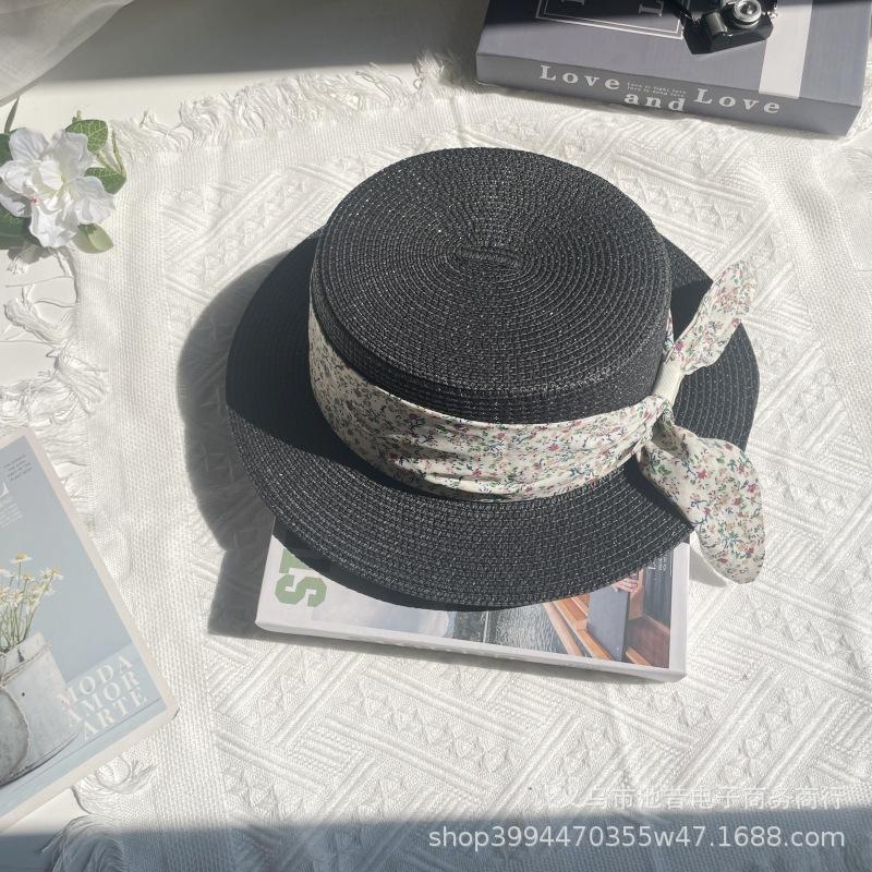 French flat hat straw hat women's summer seaside play beach hat top hat floral with sun protection hat
