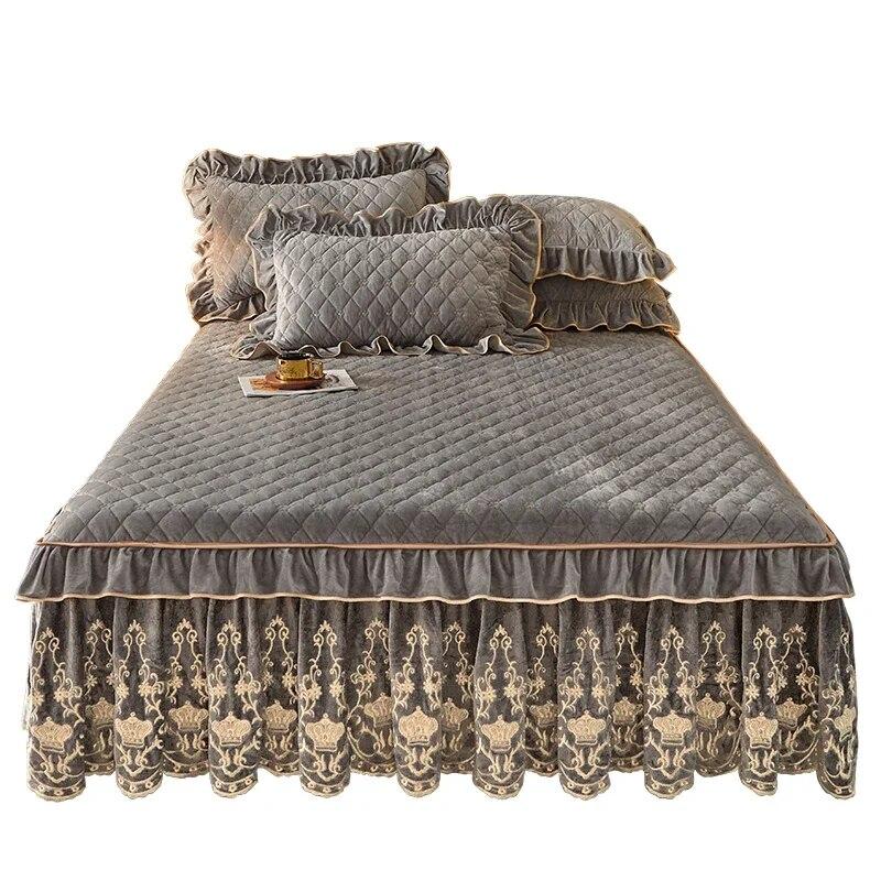 Европейский бархатный покрывало для кровати, комплект королевского размера, роскошная юбка с вышивкой, мягкая с 2 наволочками, дропшиппинг