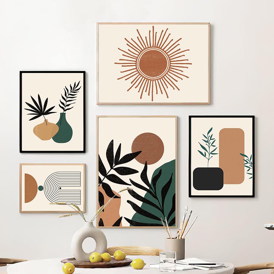 Бохо Геометрические фигуры Листья Солнце Постеры и принты Холст Картина Скандинавские абстрактные настенные картины Гостиная Домашний декор