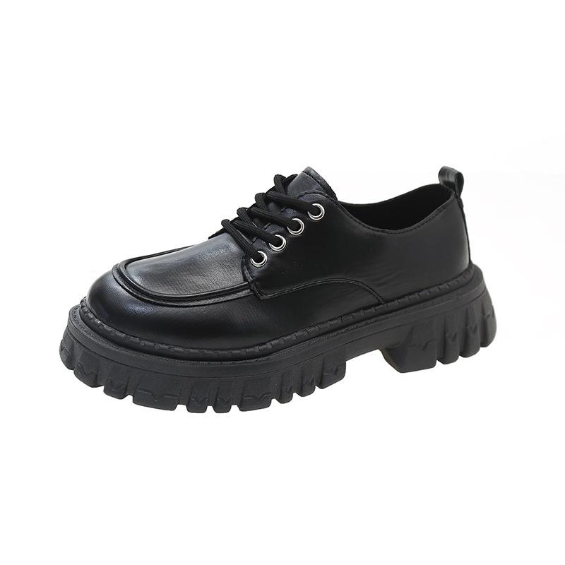 2024 Spring/Summer New Retro British Style Versatile Women's Shoes Black Heightened Lace Up Small Leather Shoes for Women