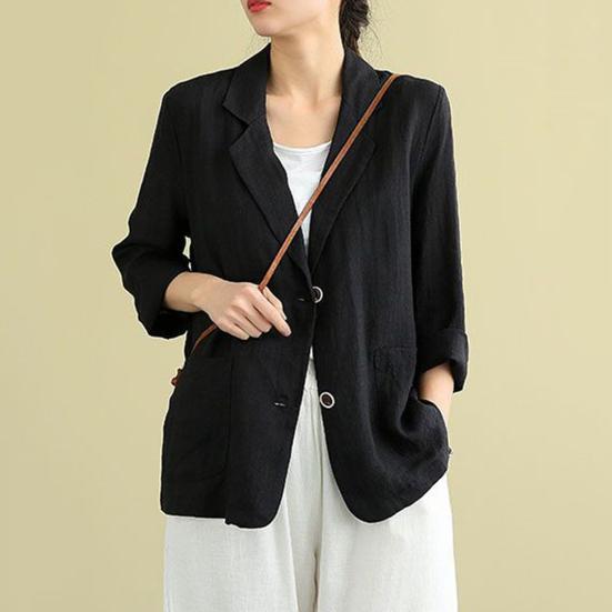 Cotton Linen Coat for Women Vintage Long Sleeve Blazer Jacket Casual Lapel 2 Buttons Thin