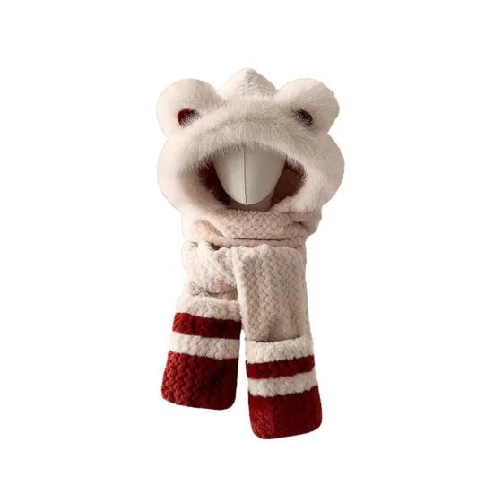 3 In 1 Hat Scarf Gloves Set Bear Ear Decor Thickened Plush Winter Hat