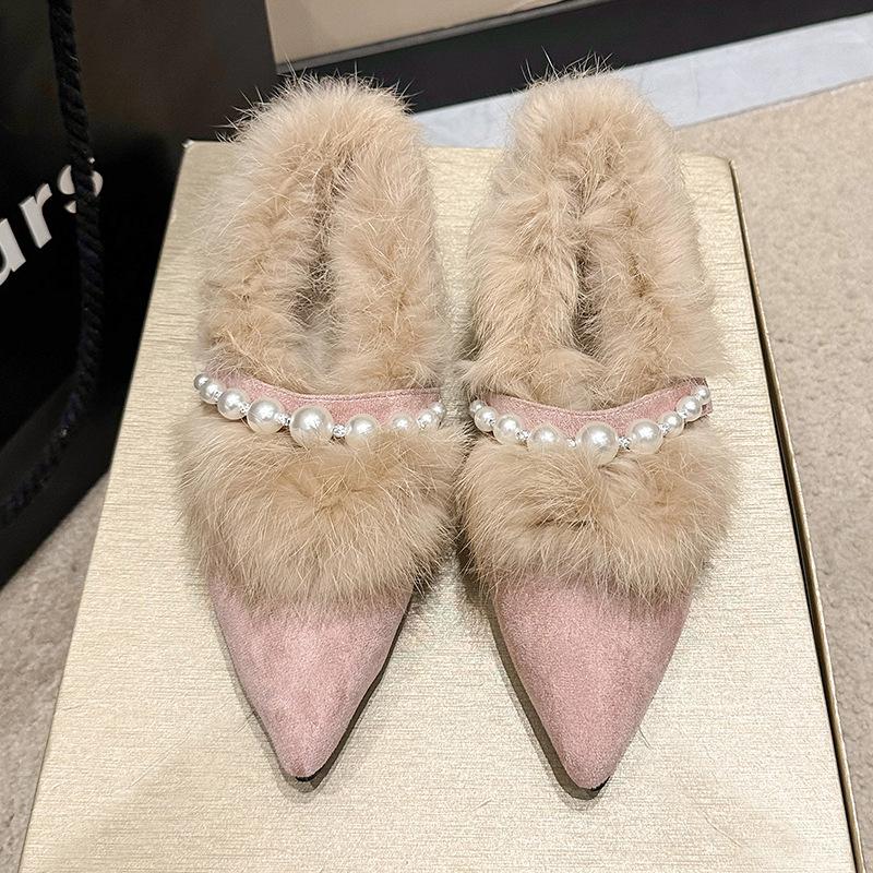 Pointed Fashion Mary Jane Shoes Women's Winter New Fluffy Thick Heel Single Shoes Foreign Style Sweet Warm Fluffy Shoes