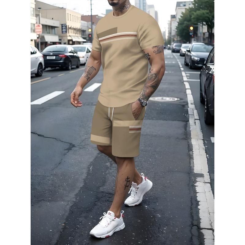 Новый мужской спортивный костюм с 3D-печатью, фитнес-комплект, беговой костюм, повседневный комплект из футболки и шорт, дышащая спортивная одежда для бега, полосатый костюм