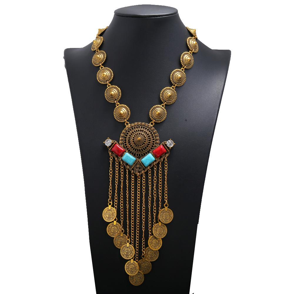 Women Multilayer Retro Coin Long Pendant Necklace With Alloy Chain Waterfall