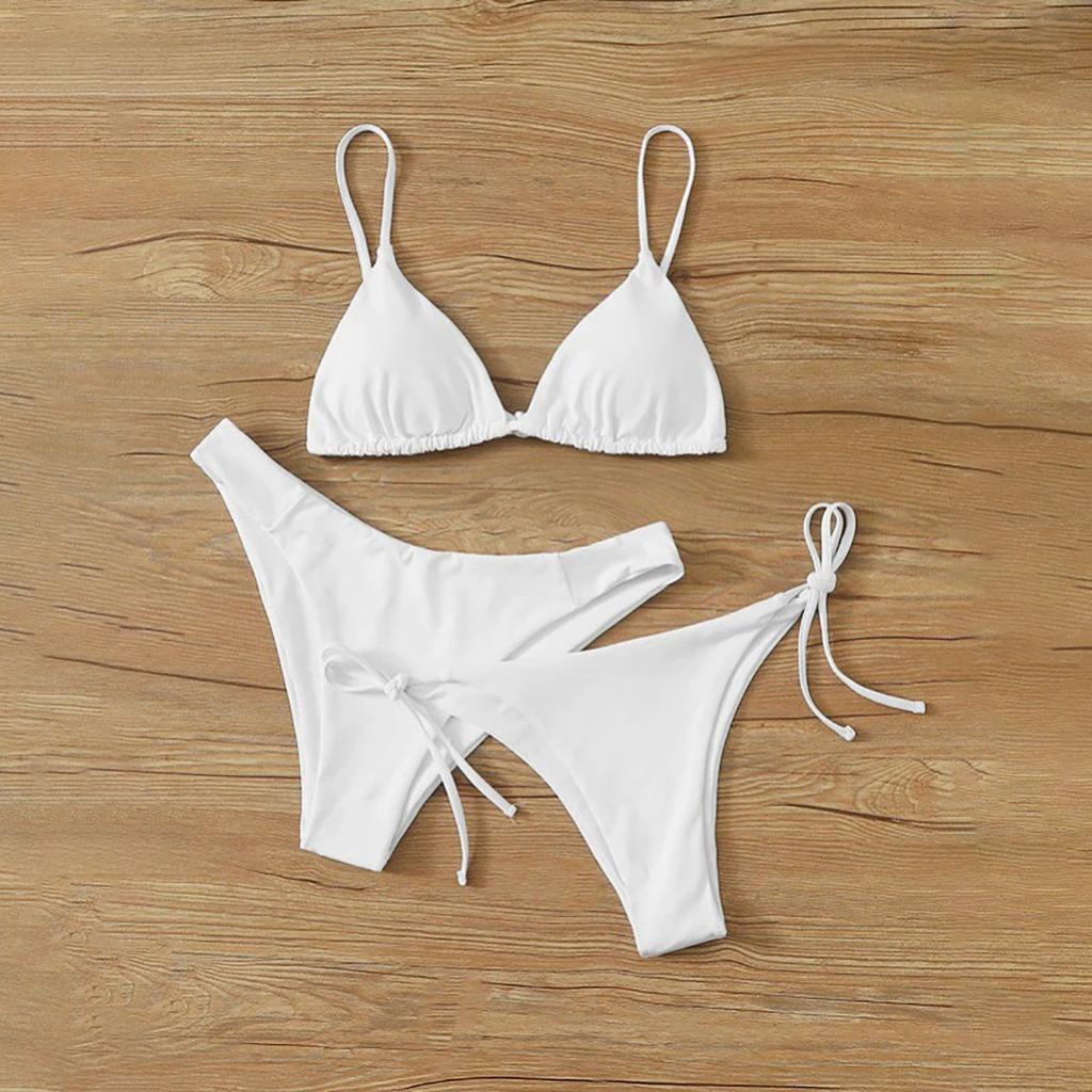 Women's Summer Fashion Sexy Solid Color Backless Lace-up  Waist Adjust Buckle Sling  Bikini Three-pieces Swimsuit