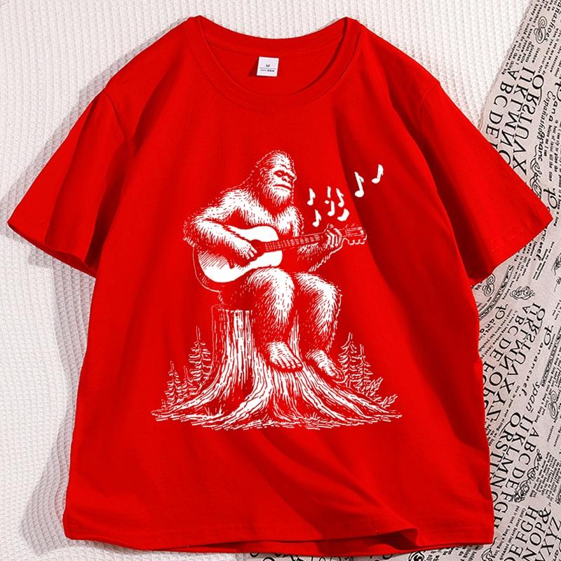 Retro Bigfoot Playing Guitar Funny 90s T Shirt Casual Cotton Short Sleeve Bigfoot Tshirt Loose Comfortable Graphic Tees