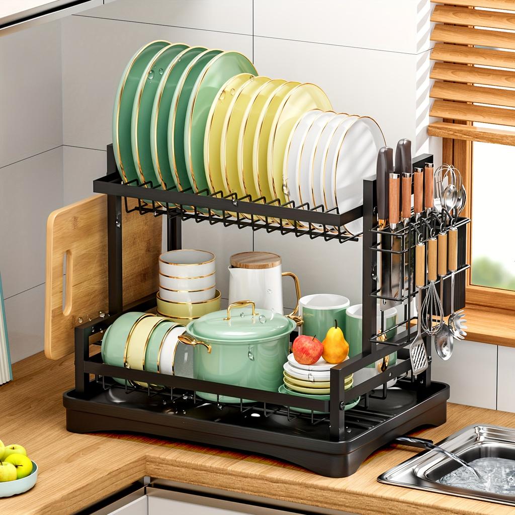 2-Tier Dish Rack with Utensils Holders, Cutting Board Holder, Anti-Rust Cutlery Holder and Drainboard for Kitchen Countertop