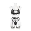 Hollow Out Lingerie Set Women Sexy Push Up Underwired Diamond Patchwork Bra Brief Underwear Set Black Bandage Garter Erotic Suit