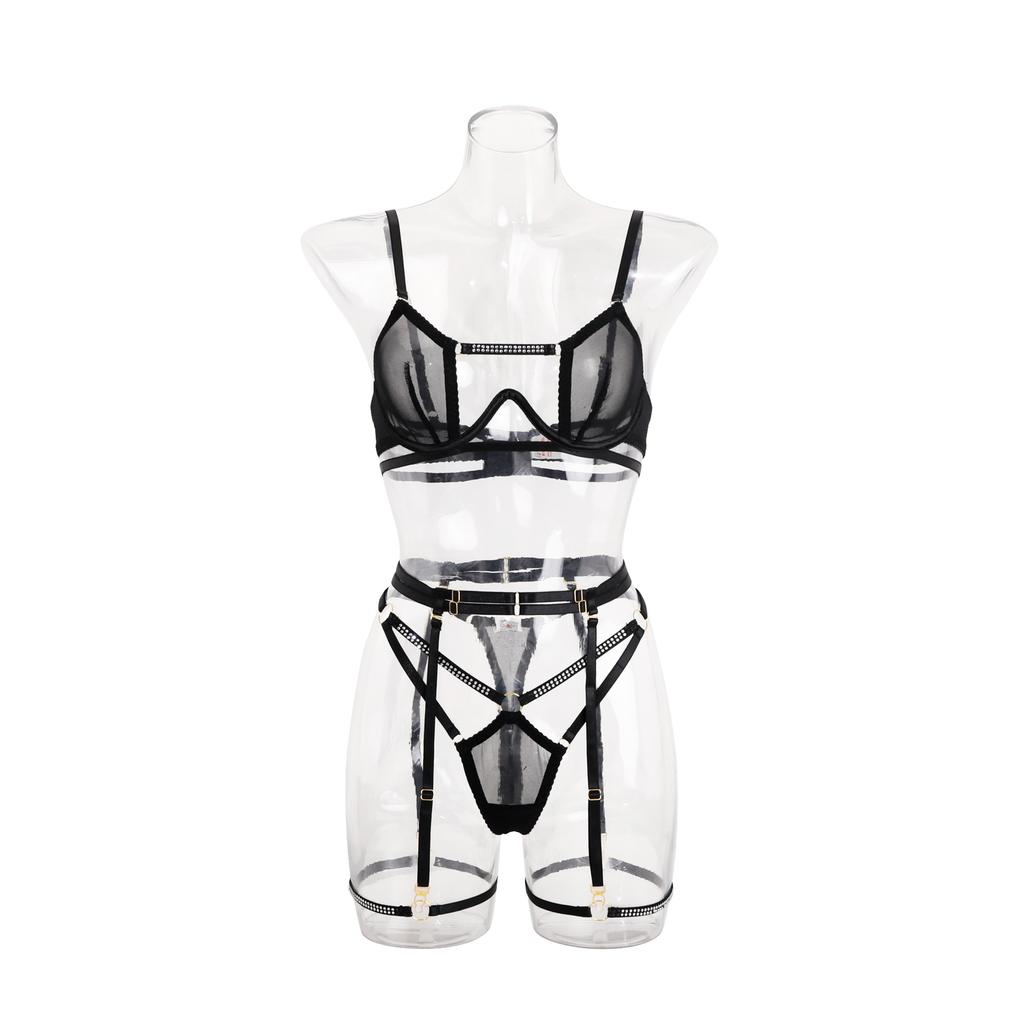 Hollow Out Lingerie Set Women Sexy Push Up Underwired Diamond Patchwork Bra Brief Underwear Set Black Bandage Garter Erotic Suit