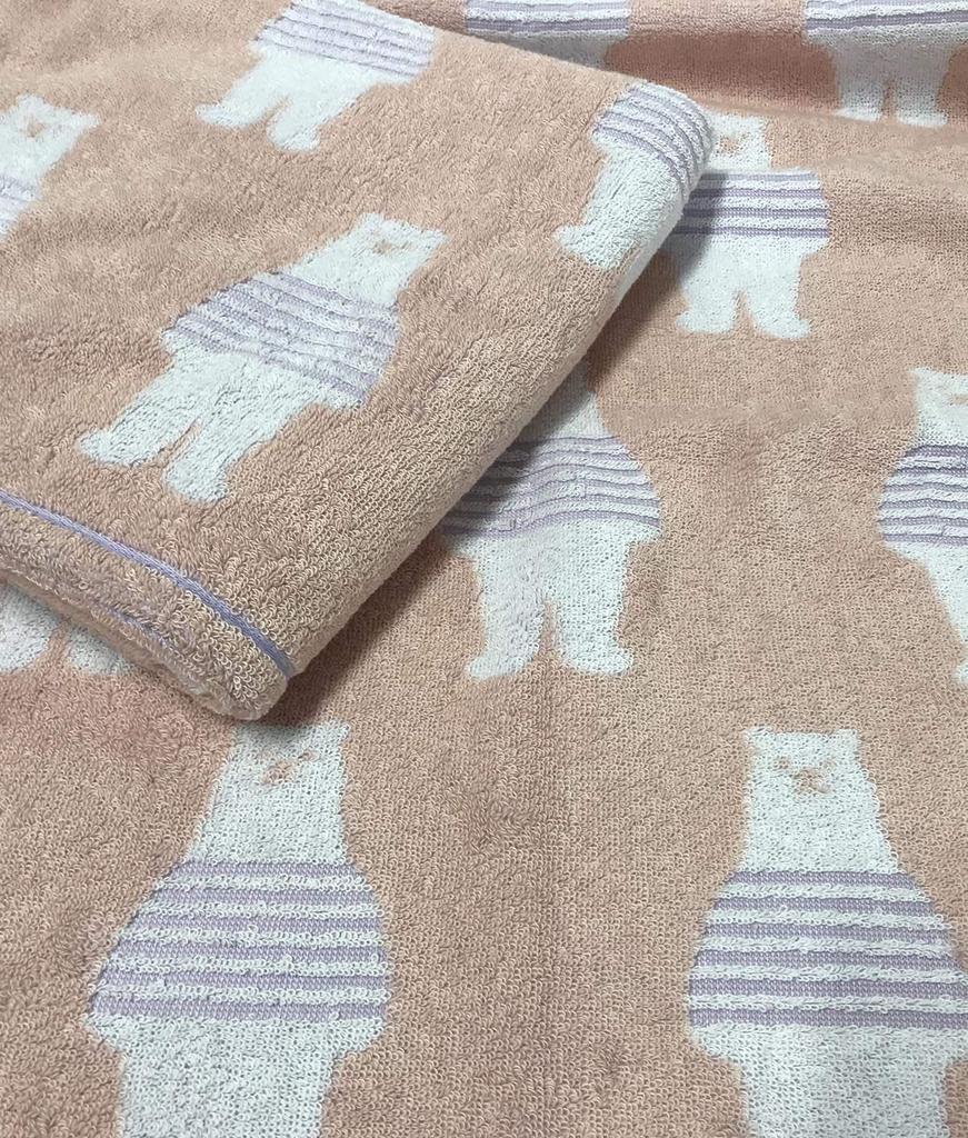 Imabari Set of 2 Bath Towels Pink and Border Bear 1 Towels, [Brand Certified], 60x120cm, Brown, Pattern, Cute, Fluffy, Absorbent, Quick-Drying (1