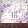 Sweet 16 Backdrop Purple Flower Butterfly 16th Birthday Photography Backgroun...
