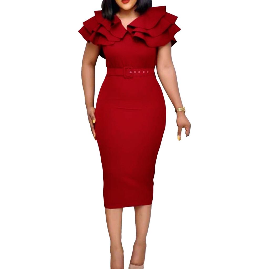 Женское летнее модное платье большого размера с рюшами, цельное однотонное платье-футляр с поясом