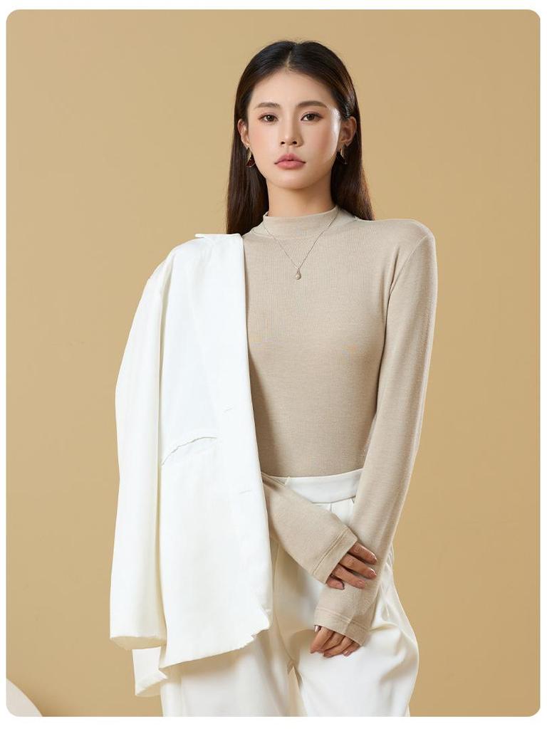 Women's Tencel Wool Acetate High Elastic Stand Collar Slim Fit Long Sleeve Base Layer Top for Autumn/Winter Warmth.