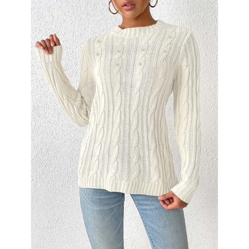 Women's Autumn and Winter Round Neck Pullover Simple Beaded Woven Sweater