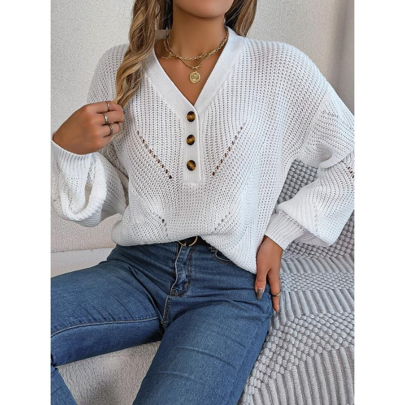 Женский свитер-пуловер с V-образным вырезом, пуговицами и рукавами-фонариками, осенне-зимняя модель
