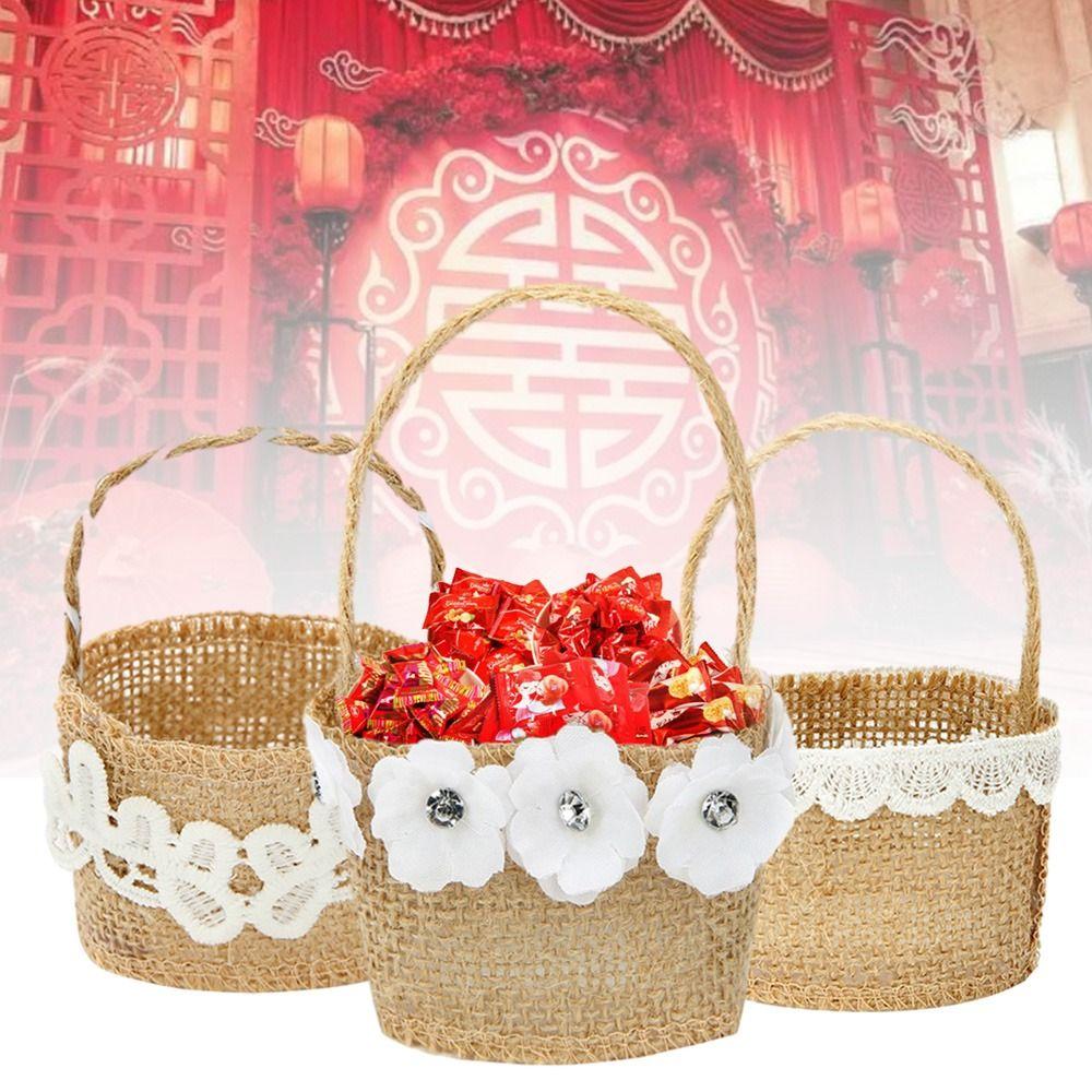 2pcs Lace Bowknot Flower Girl Basket Retro Candy Gift Bag Wedding Ceremony Party Decoration