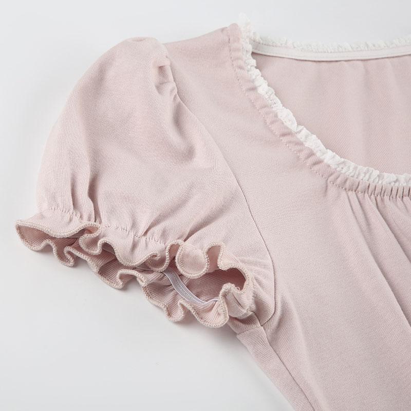 Sweet Button-up Top Women's Summer Cute Slim-fitting Contrast Lace Stitching Bow Square Collar T-shirts Y2K Korean Tees