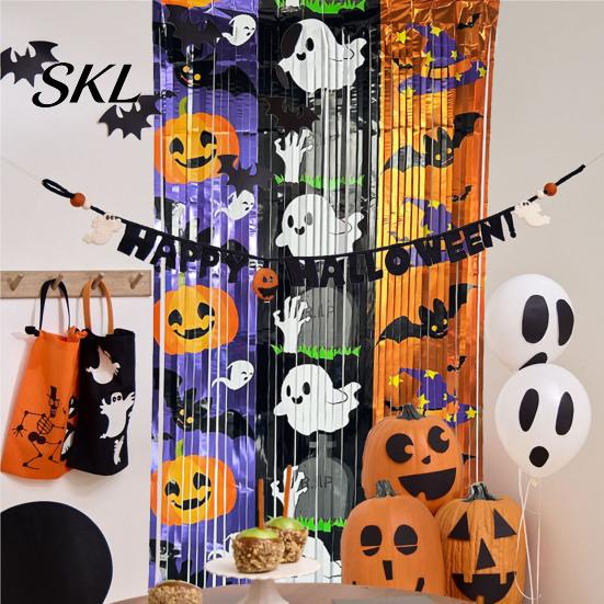 Halloween Room Decoration Foil Fringe Curtain for Halloween, Orange Purple Black Background Event Photo Booth Props, Pumpkin Ghost Bat Party