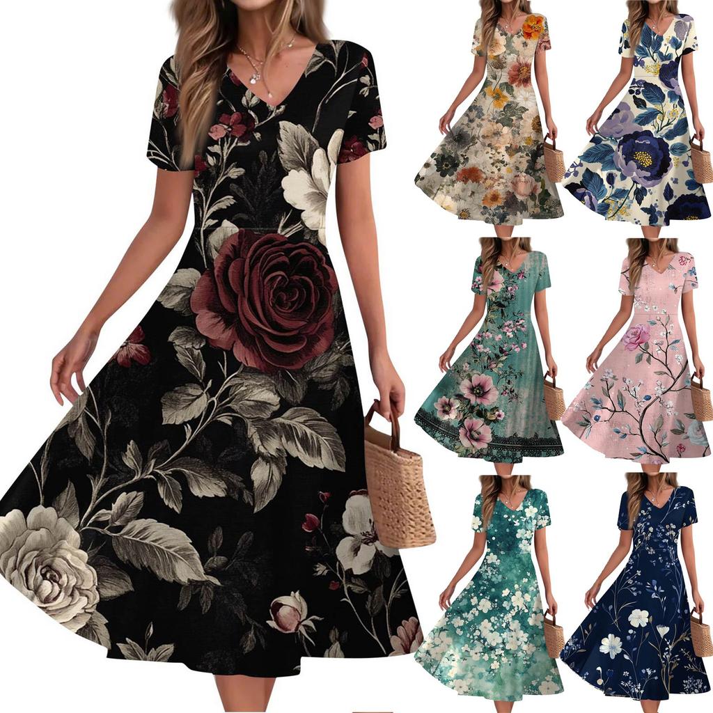 Women's Summer Casual Fashion Print Pocket Short Sleeve V-Neck Swing Dress