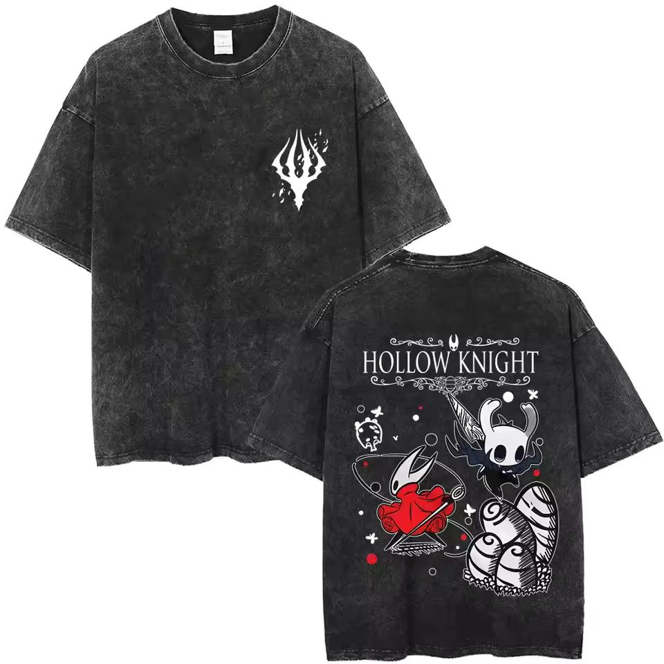 Hollow Knight Винтажная стираная Игровая Мерч Графическая Футболка Унисекс Мужская Повседневная Оверсайз 100% Хлопок Футболка для Косплея Фанатов Мультфильмов