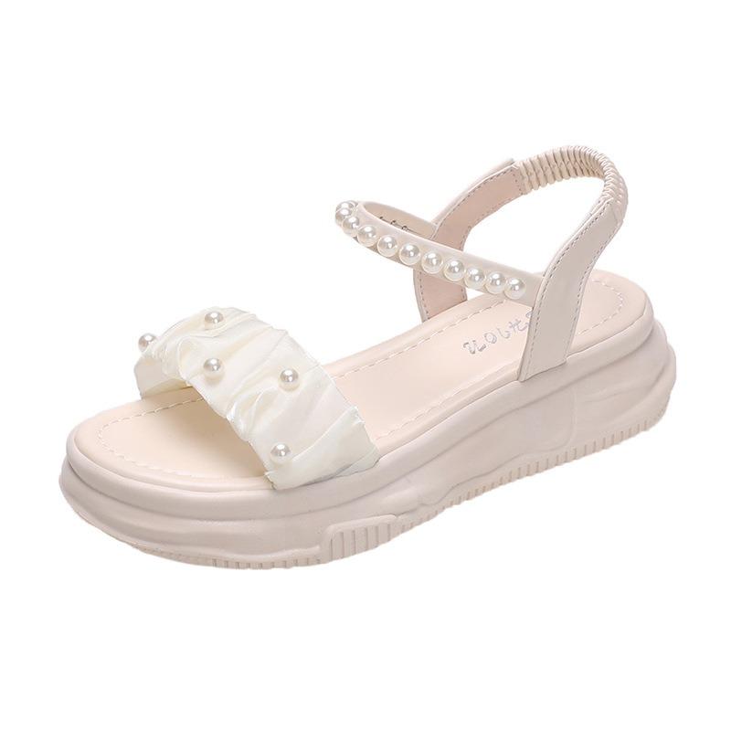 Римские сандалии на толстой подошве женские летние новые фея ветер жемчужные с открытым носком на плоской подошве ins tide повседневная пляжная обувь