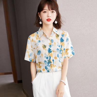 Women's Printed Shirt Fashion and Beautiful Chiffon Shirt Spring and Summer Medium Sleeve Top Lapel Shirt Foreign Style Shirt