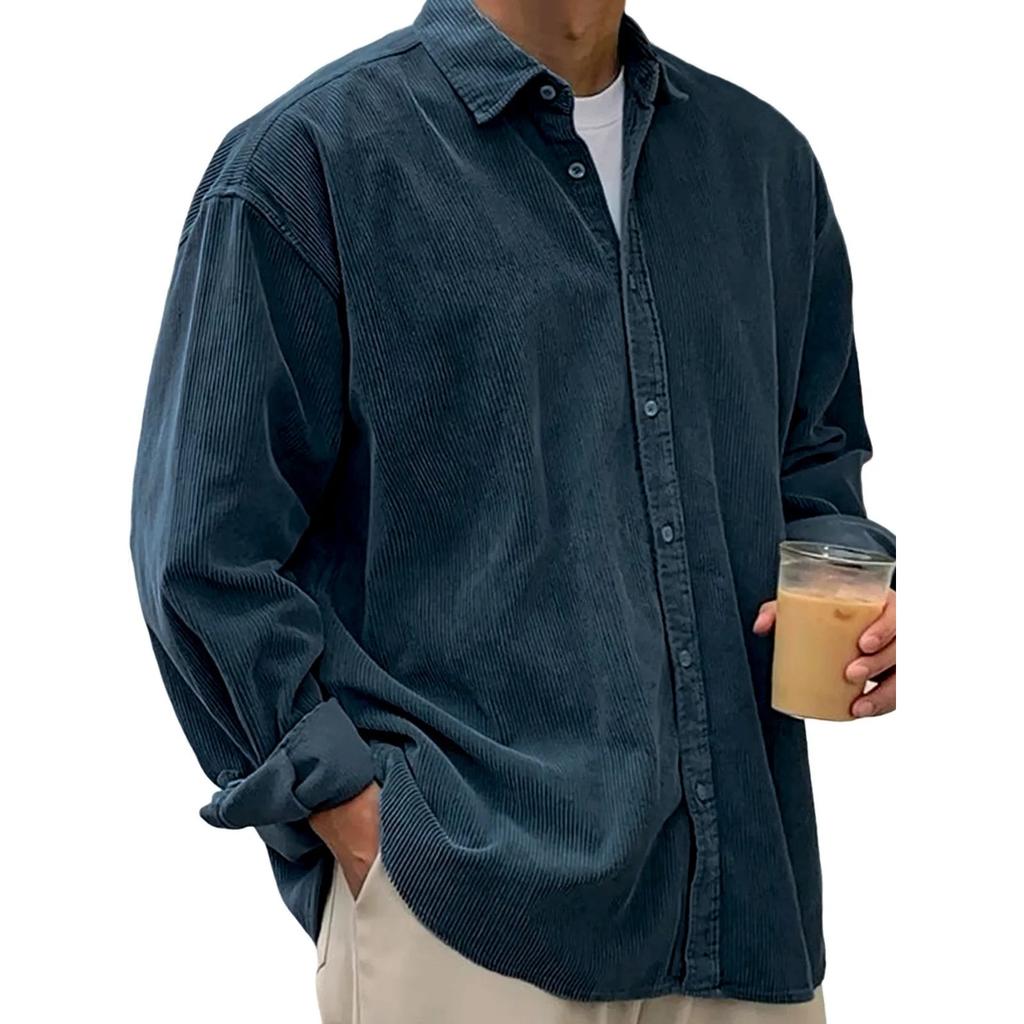 Men's Casual Solid-color Corduroy Button Shirt, Men's Long-sleeved Trendy Loose Square-neck Thick Shirt
