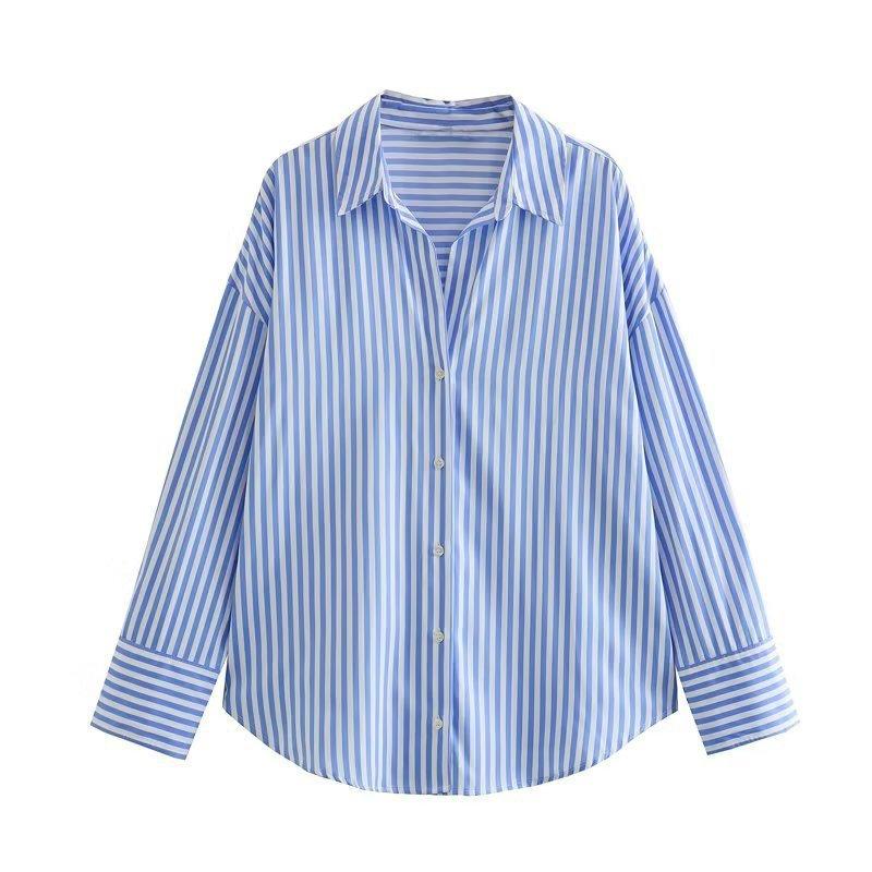 Spring Autumn Women's Striped Collar Shirts Long Sleeve Button-up Loose Female Blouses Tops