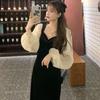 Autumn Winter Square Collar Patchwork Vintage Dress Women Lantern Long Sleeve Elegant Fashion Robe Vestidos