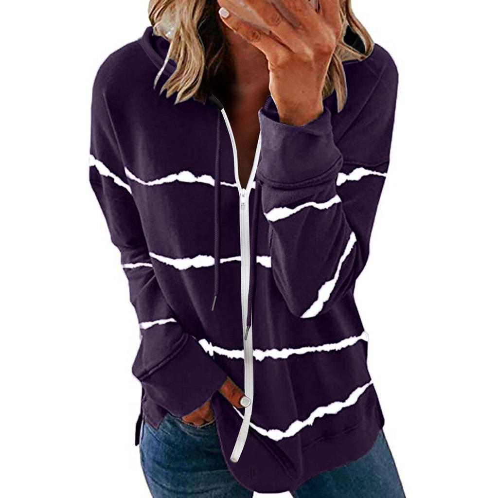 Womens Hoodie Striped Full Zip Long Sleeve Lightweight Sweatshirts Jacket Coat
