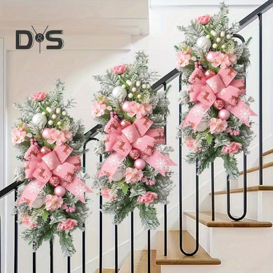Christmas Stair Swag Teardrop Trim Christmas Staircase Swag Wreath with Bow Artificial Pine Branch Swag for Holiday Home Decoration