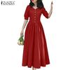 ZANZEA Womens Doll Collar Short Sleeve Casual Long Dress